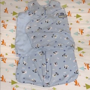 Halo Sleep Sack with blue puppy pattern